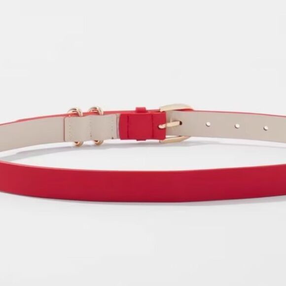 WHBM M Red Gold Tone Double D Detail Round Buckle Leather Pant Belt main image 7